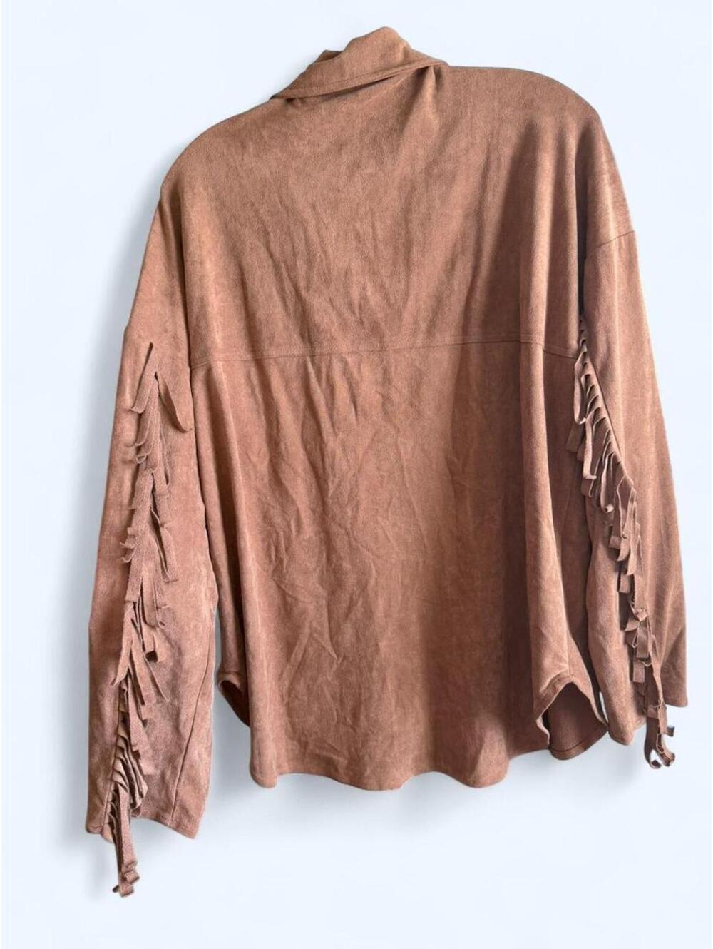 12th Tribe tan thin fringe jacket with zipper closure - Picture 4 of 5